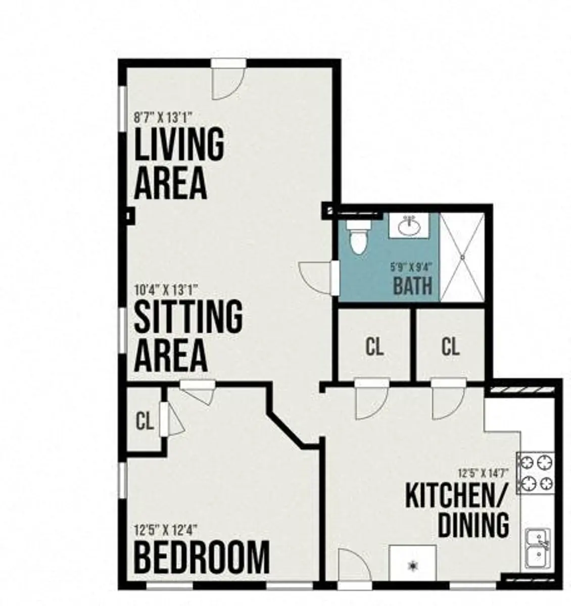 Apartment Floor Plan A floor plan of an apartment layout showing various rooms labeled, including a living area, sitting area, bedroom, bath, and kitchen/dining area with dimensions provided for each space.
