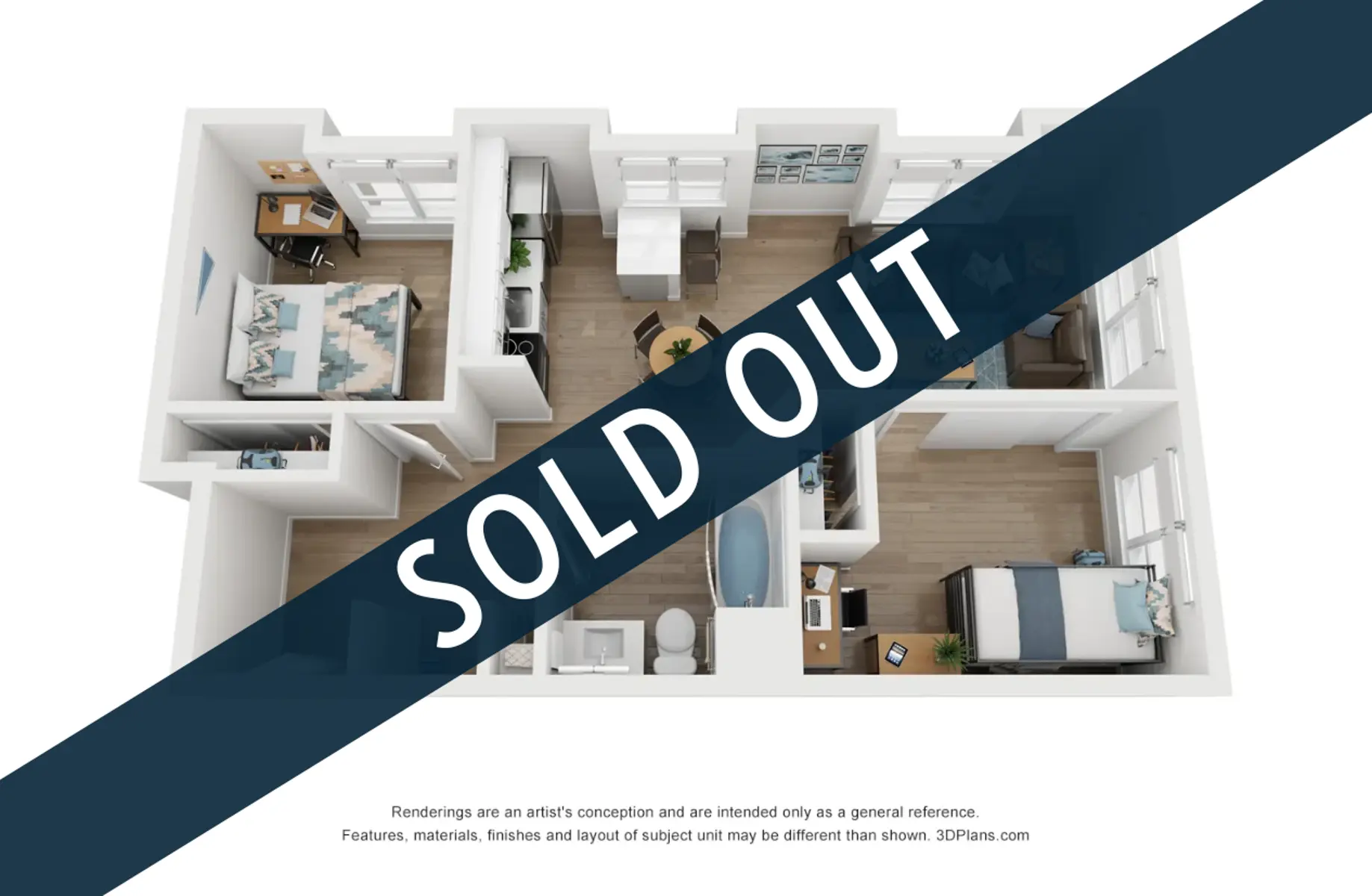 3D floor plan of an apartment layout with a 'SOLD OUT' overlay.