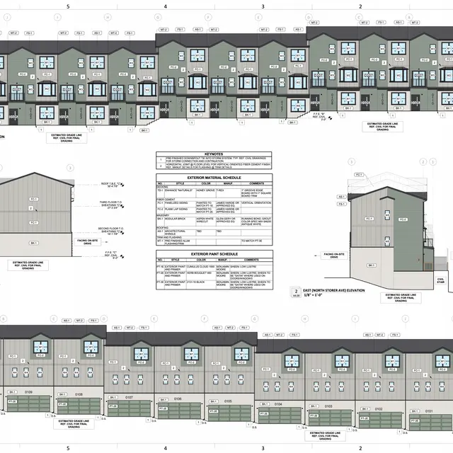 Architectural plans for a multi-unit residential building showing front and side elevations and a site plan layout.