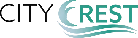 Logo for City Crest featuring stylized waves and a modern typography design.