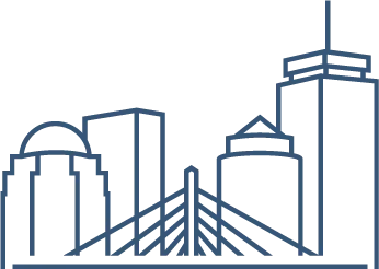 A simplified blue line drawing of a city skyline featuring various buildings, including a bridge in the foreground.