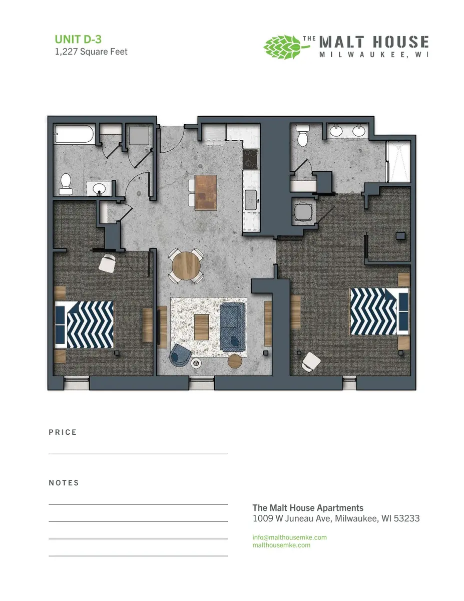 Floor plan of unit D-3 at The Malt House Apartments, Milwaukee, featuring 1,227 square feet with labeled rooms including bedrooms, bathrooms, and a living area.