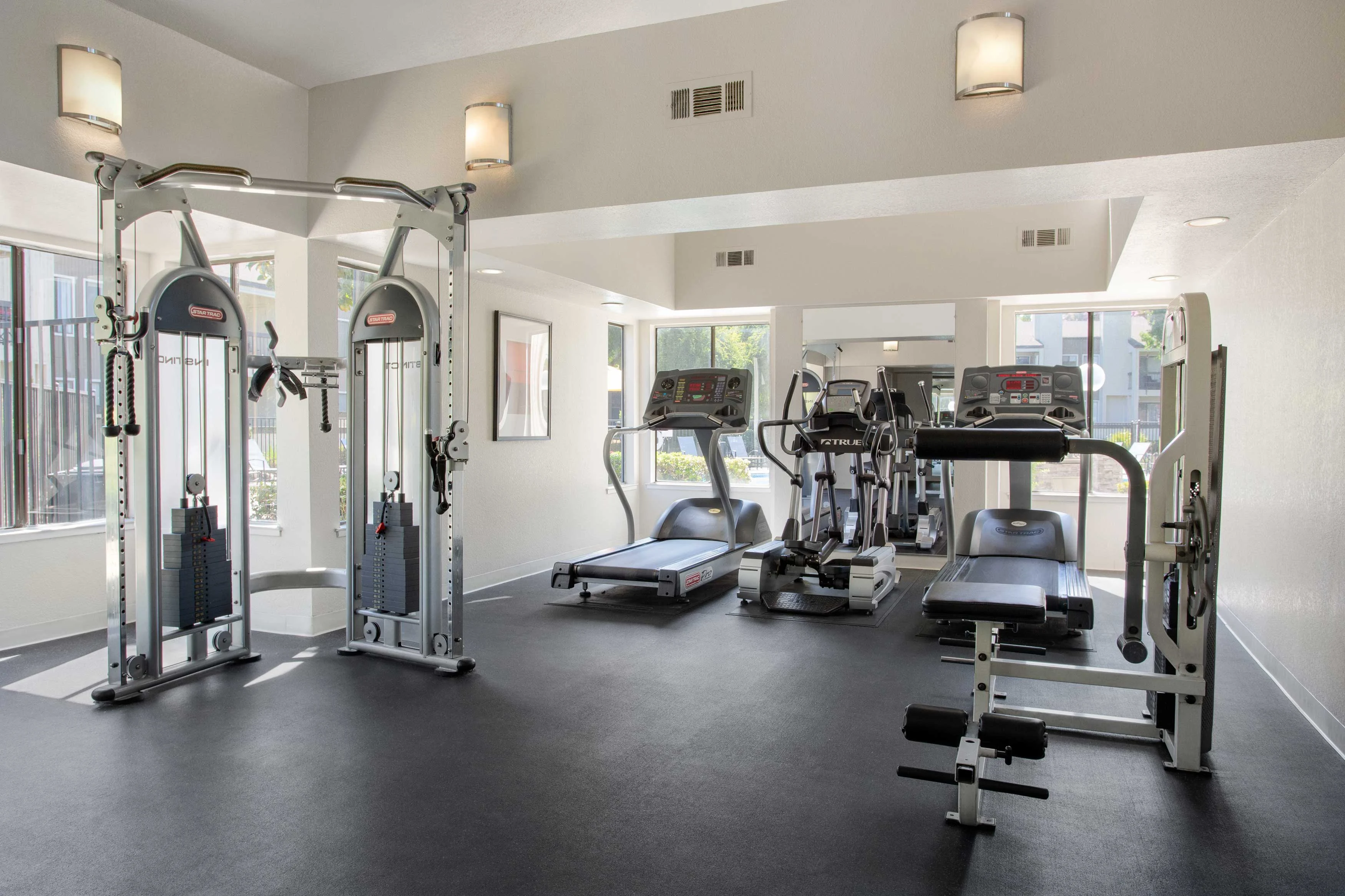 Modern Gym Interior A modern gym interior featuring workout machines and exercise equipment.
