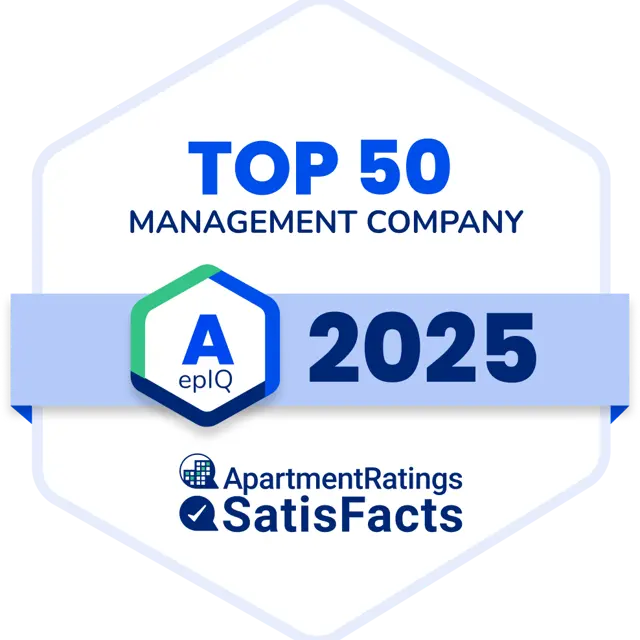 Award badge displaying 'Top 50 Management Company', 'A', '2025', with logos for ApartmentRatings and SatisFacts.
