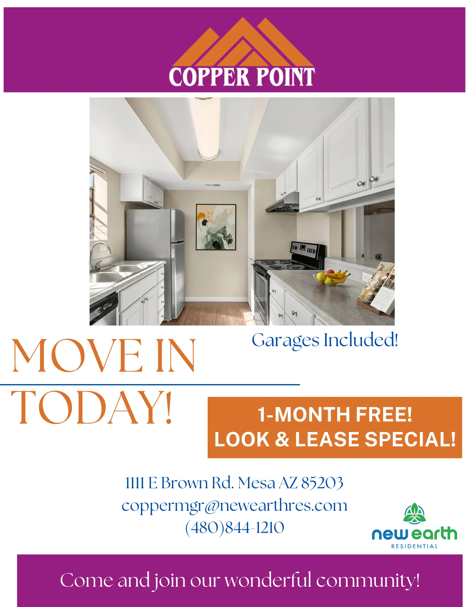 Promotional image for Copper Point apartments featuring a modern kitchen, move-in information, and promotional offer.
