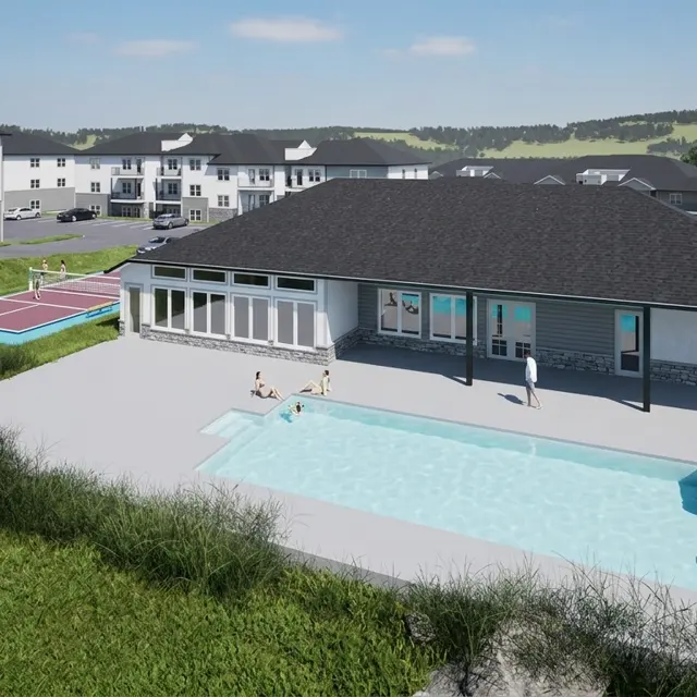 A modern apartment complex featuring a swimming pool, lounge area, and sports courts.