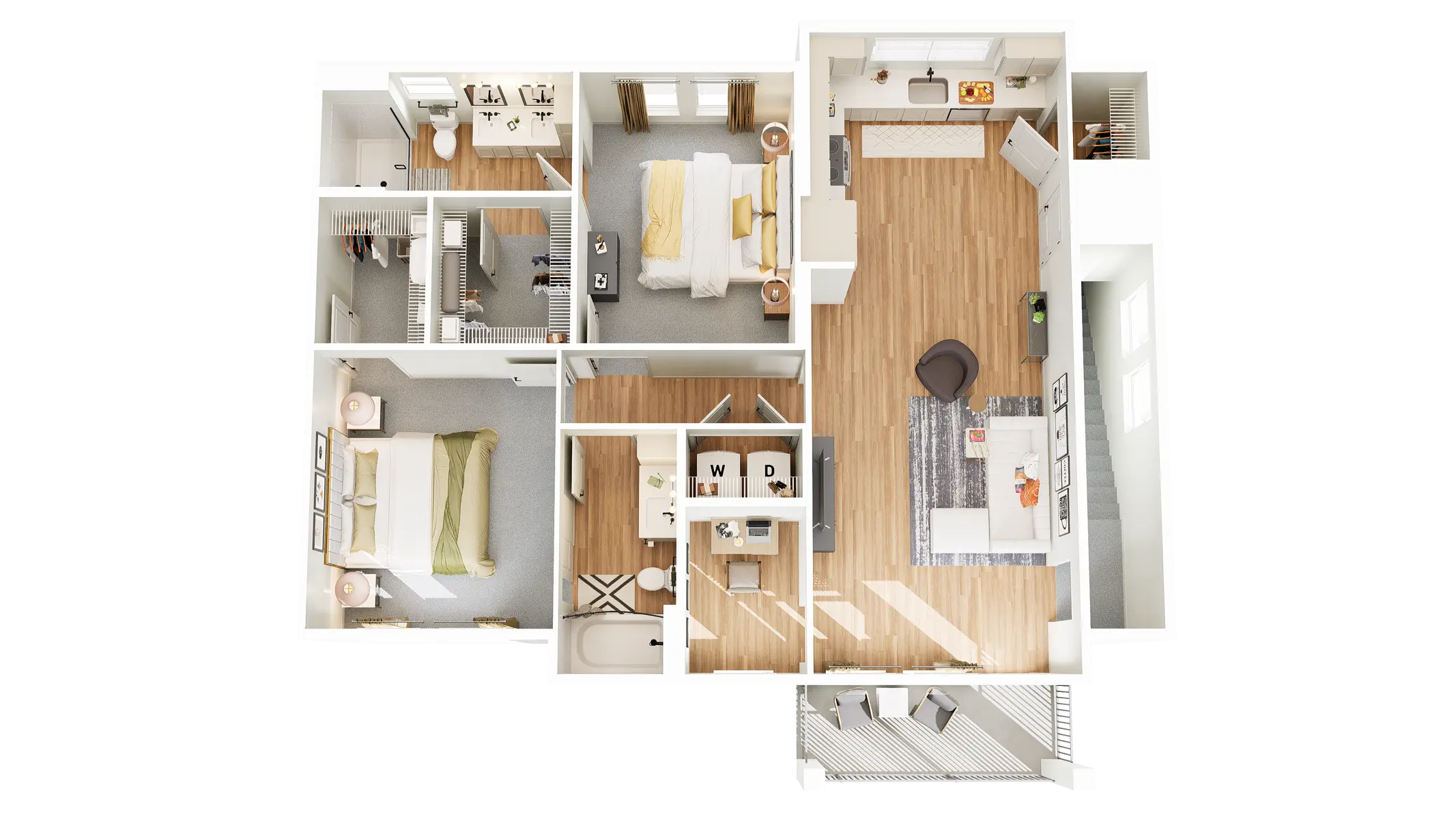 A top-down view of a modern apartment layout featuring two bedrooms, a bathroom, a living area, and a workspace.