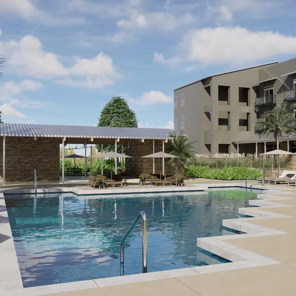 Modern Outdoor Pool Area A modern outdoor swimming pool surrounded by lounge chairs, with a covered seating area and palm trees in the background. A multi-story residential building is visible nearby.