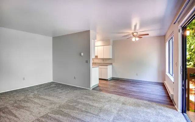 A spacious living room with a ceiling fan, light gray walls, and a carpeted area. To the left, there is a partially open kitchen with white cabinets, and to the right, large windows showcasing a view of greenery outside.