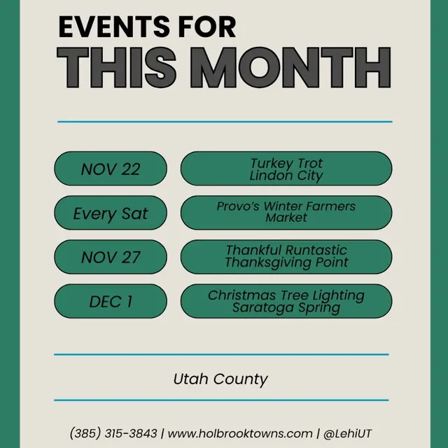 Monthly Events in Utah County Monthly events in Utah County featuring a Turkey Trot, Winter Farmers Market, Thankful Runtastic, and Christmas Tree Lighting.