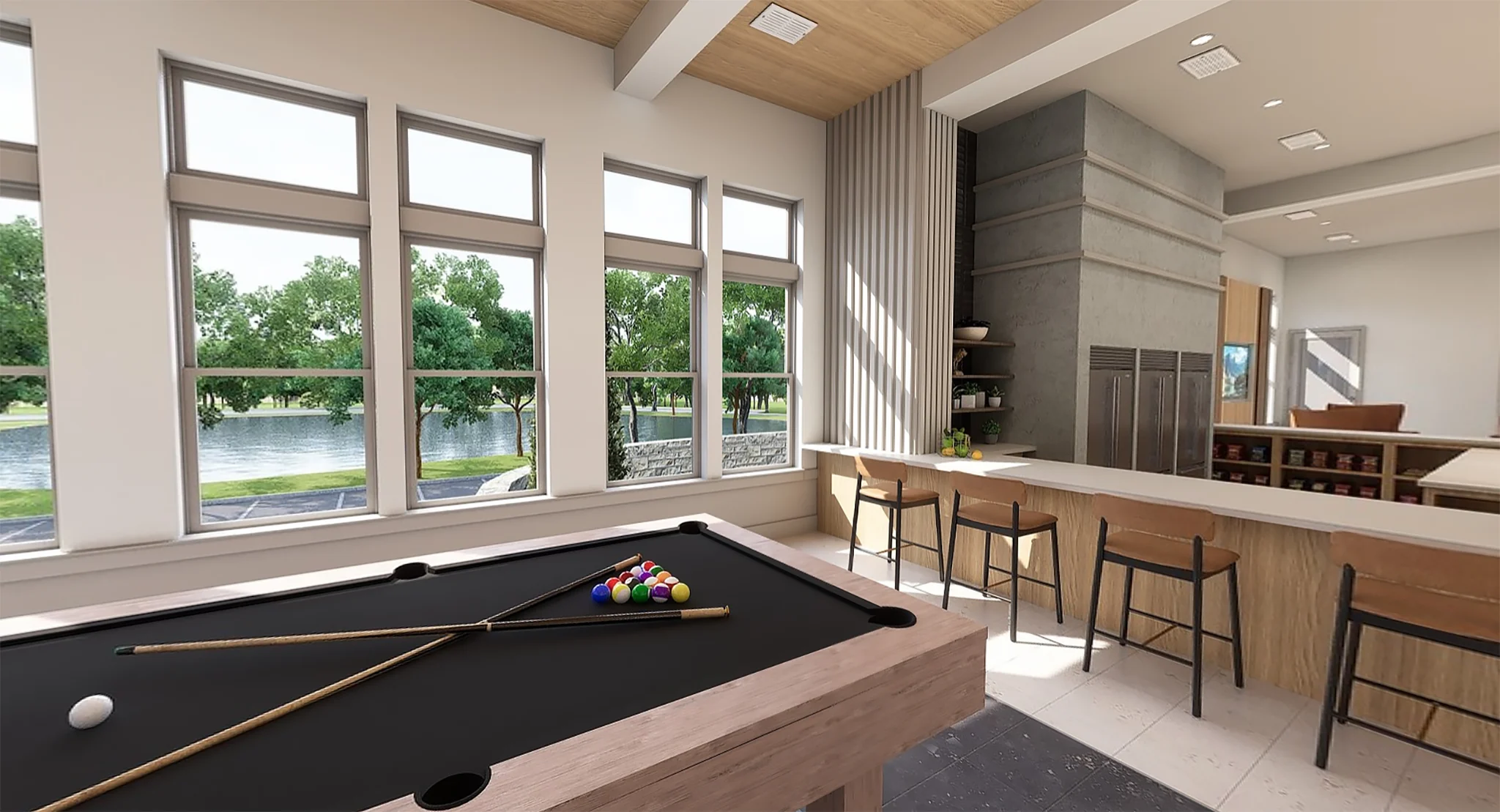 Modern Lounge with Pool Table A spacious modern lounge area featuring a pool table with colorful balls, surrounded by large windows allowing natural light, and a bar area in the background.