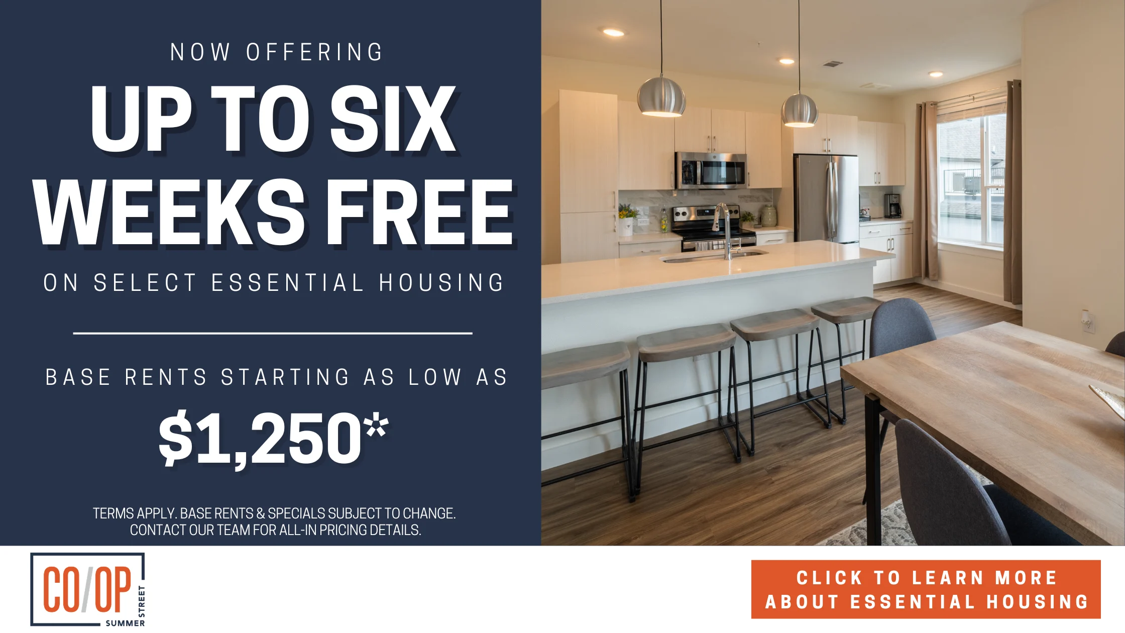 Promotional banner for essential housing offering up to six weeks free rent