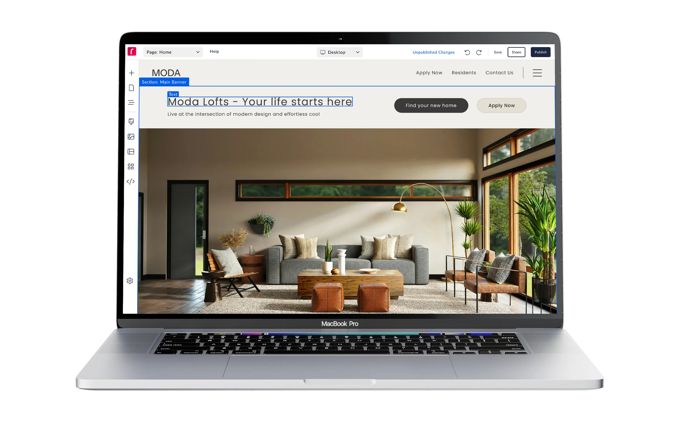 Modern Loft Interior Design Website A modern website featuring an interior design layout displayed on a MacBook Pro.