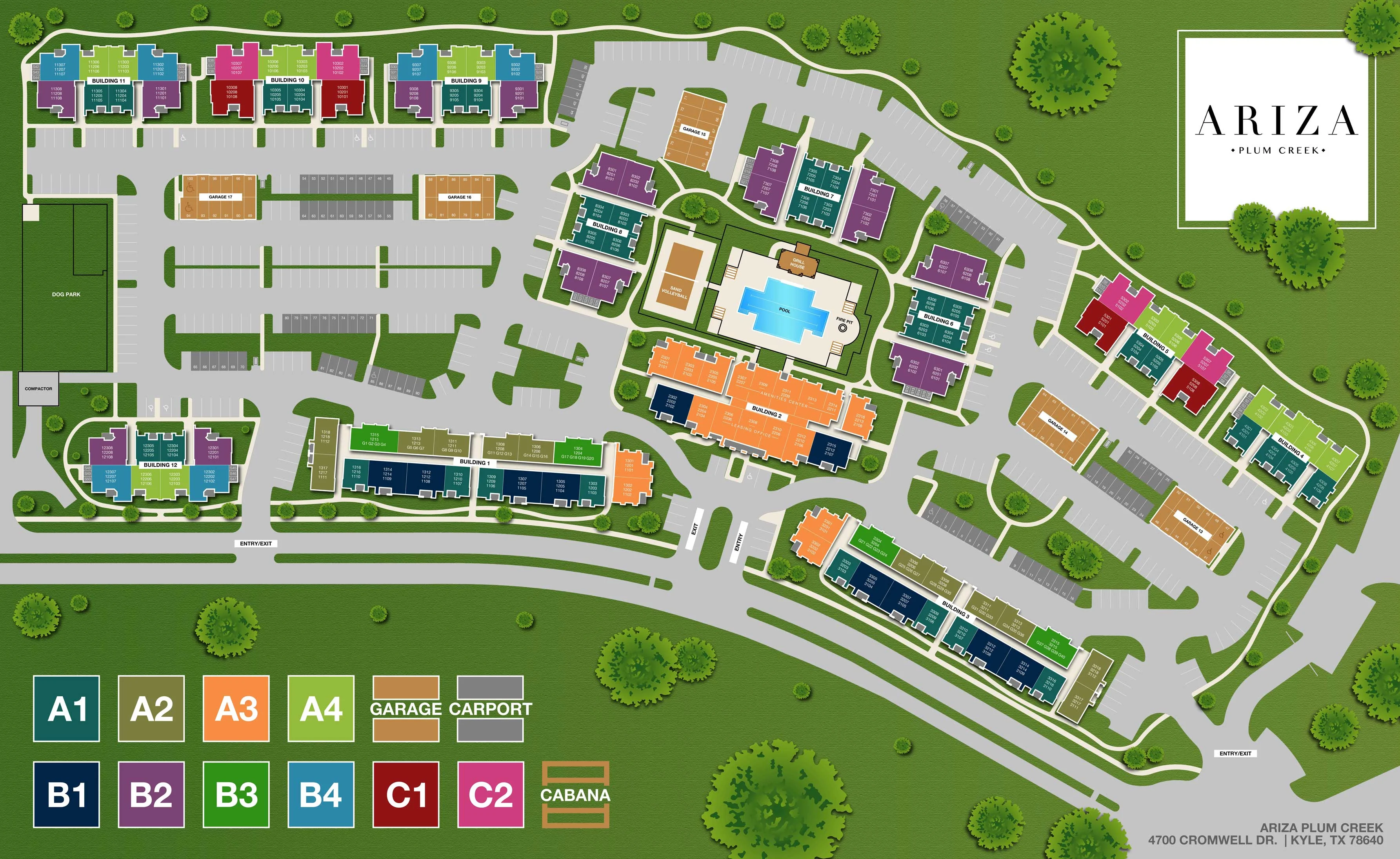 Color-coded site map of the Ariza community, featuring various building types and layout.