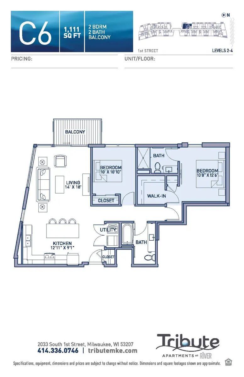 Floor plan for a C6 apartment design, showing two bedrooms, two bathrooms, and a balcony.