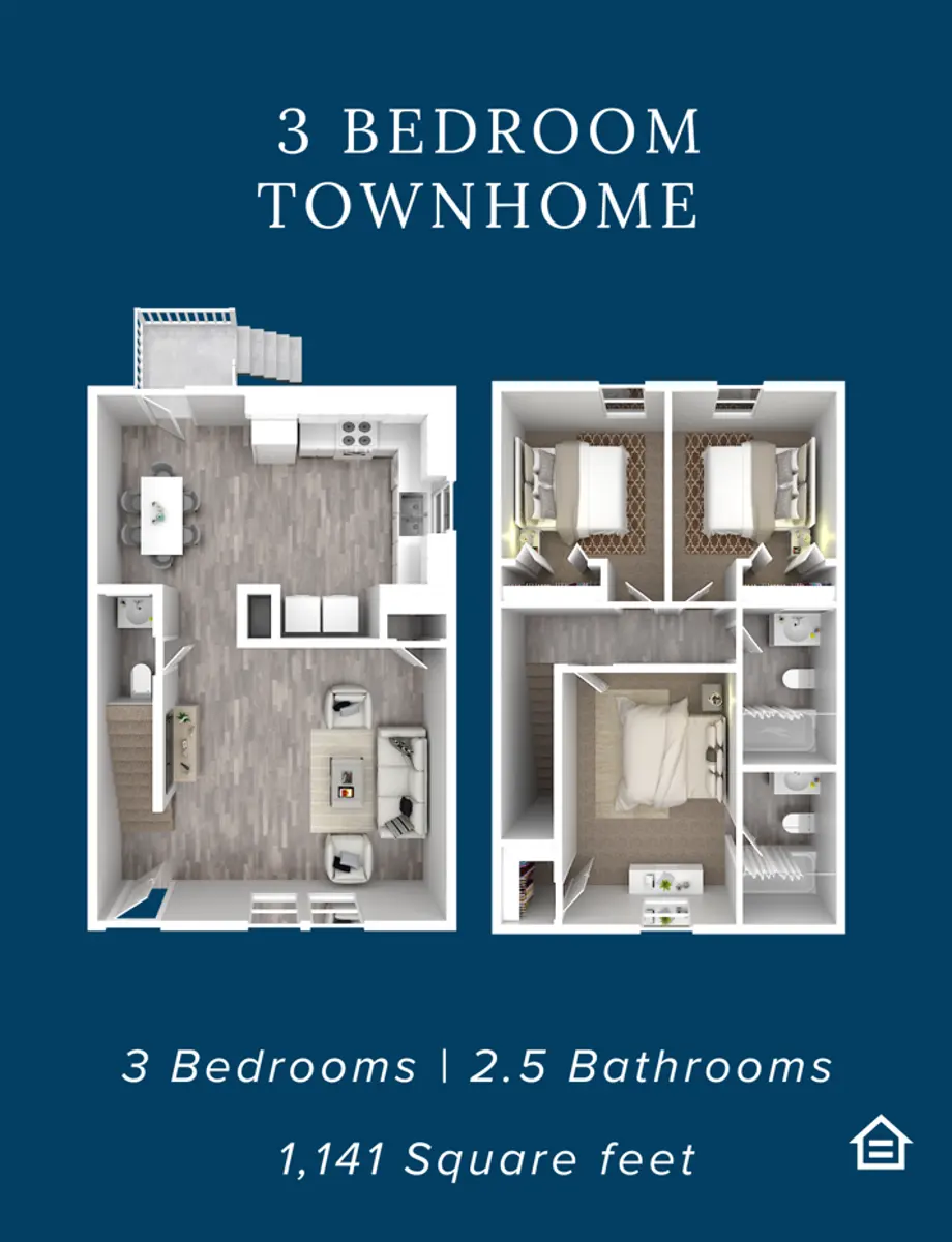 Floor plan of a 3-bedroom townhome showcasing layout with living areas, kitchen, bedrooms, and bathrooms.