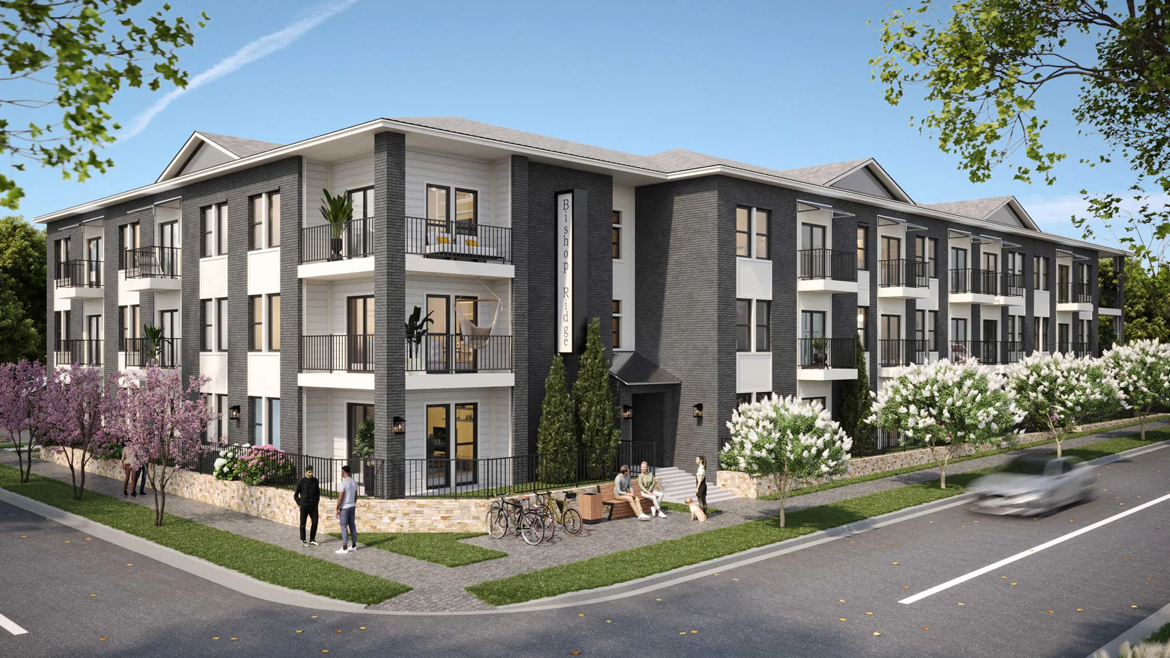 The Gleason A modern apartment complex featuring a stylish exterior with balconies, surrounded by greenery and flowering trees. People are seen interacting in the outdoor space.