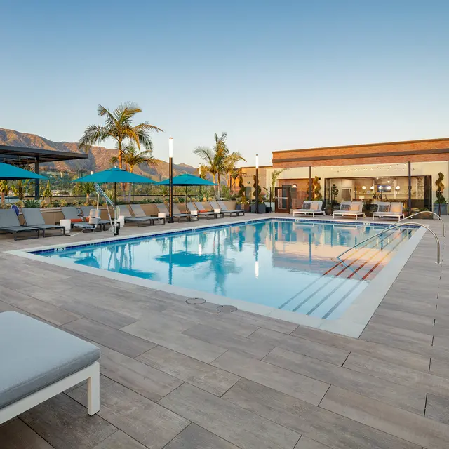 A rooftop pool area featuring a swimming pool surrounded by lounge chairs and umbrellas with palm trees in the background and mountains in the distance.