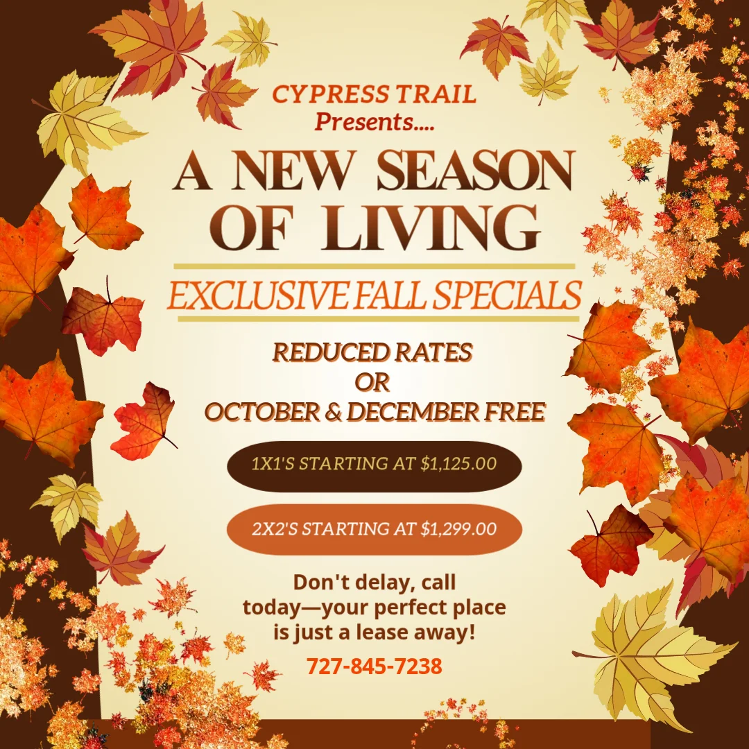 Promotional flyer for Cypress Trail featuring fall leaves and rental specials for apartments.