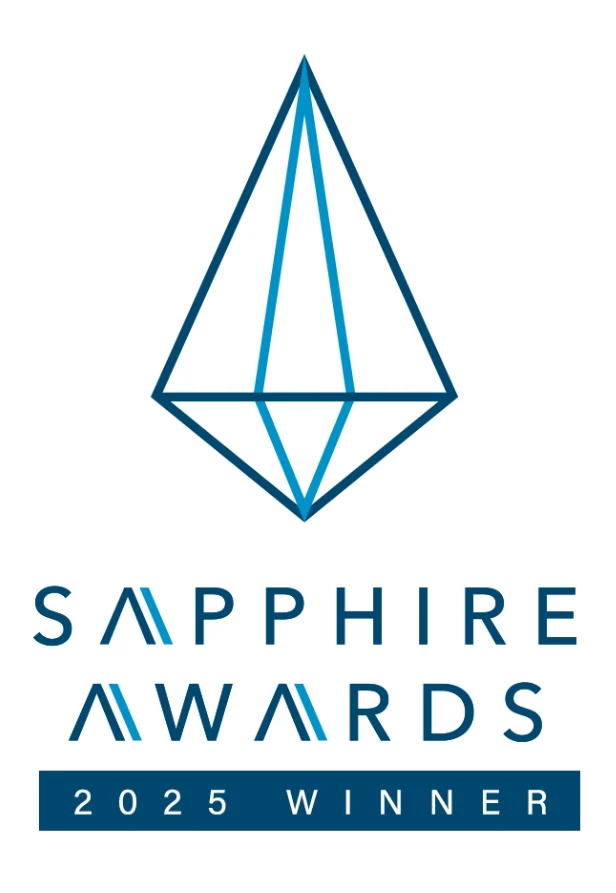 Logo of the Sapphire Awards featuring a diamond shape above the text 'Sapphire Awards 2025 Winner'.