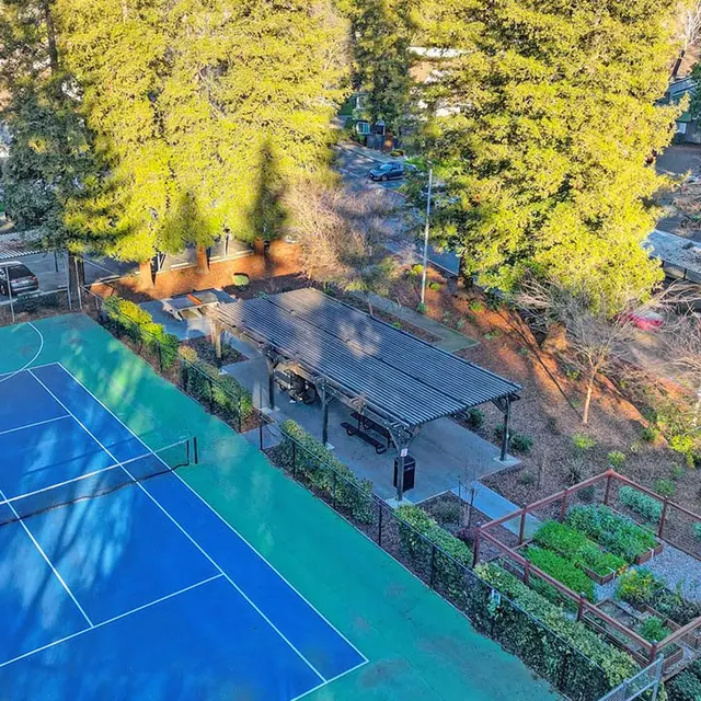 Aerial view of a blue tennis court and a community garden area surrounded by trees