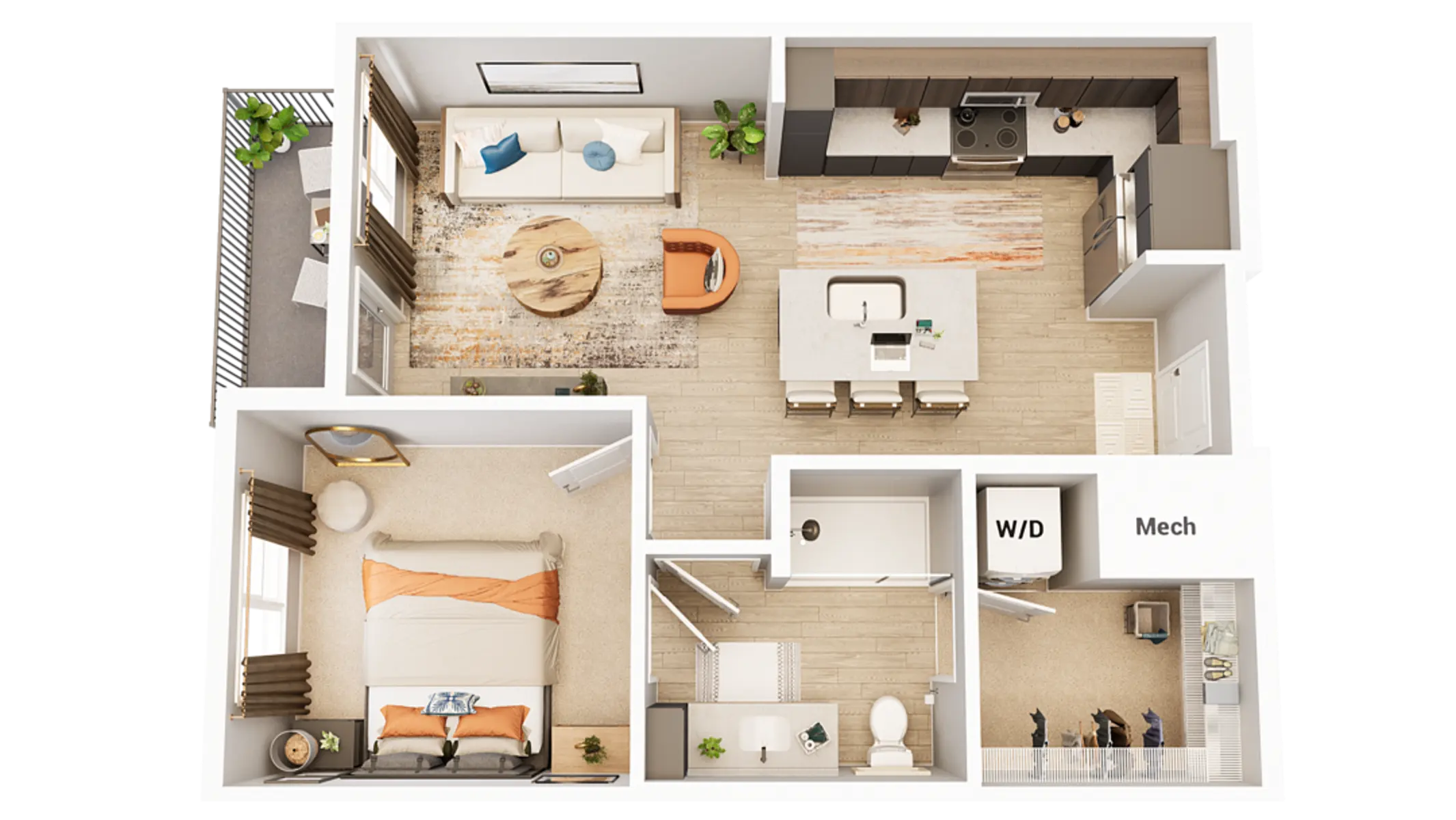 A top-down view of a modern apartment layout featuring a living room, kitchen, dining area, bedroom, and bathroom.