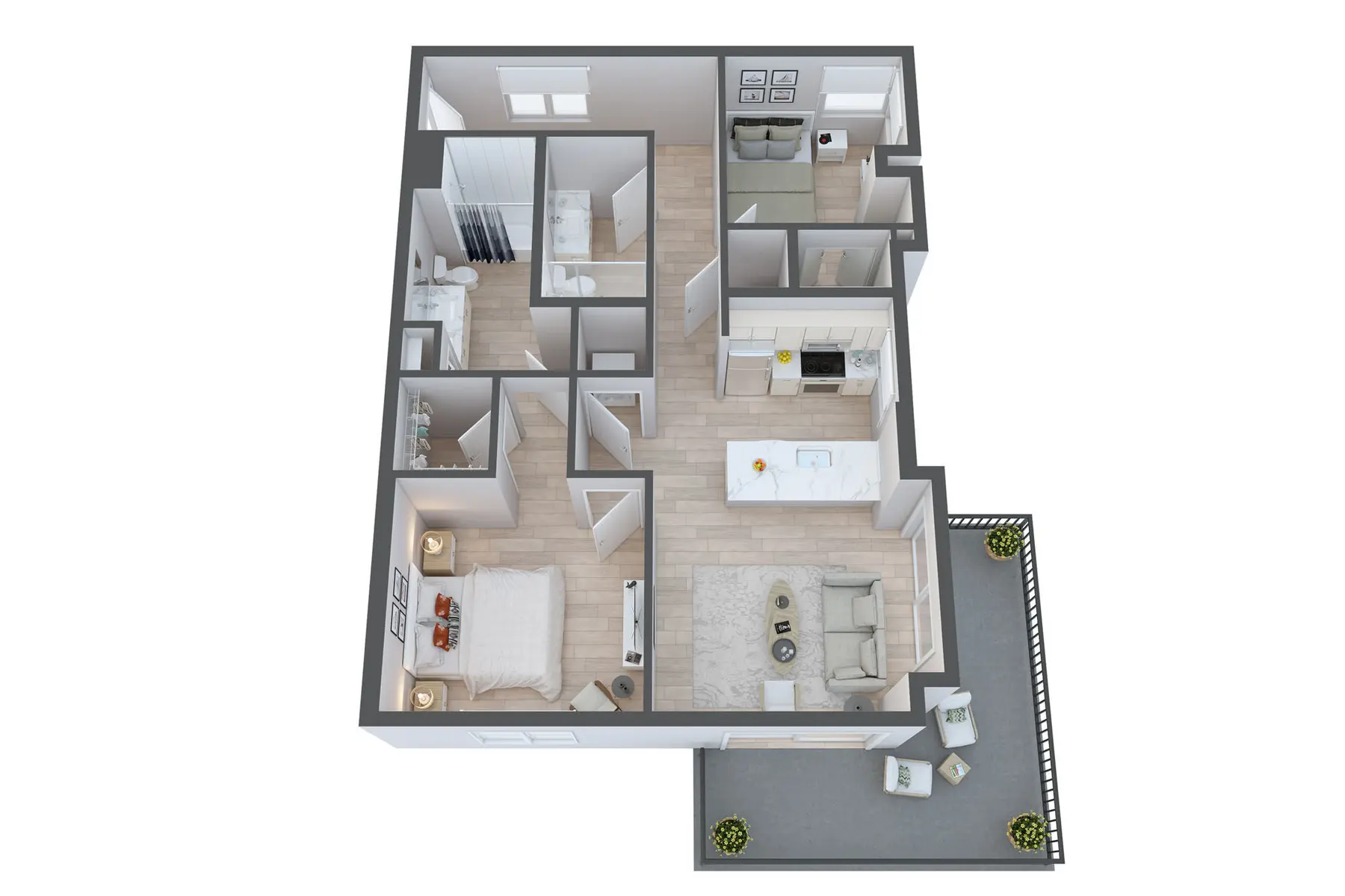 Modern Apartment Floor Plan 3D floor plan of an apartment featuring a living room, kitchen, bedroom, and outdoor space.