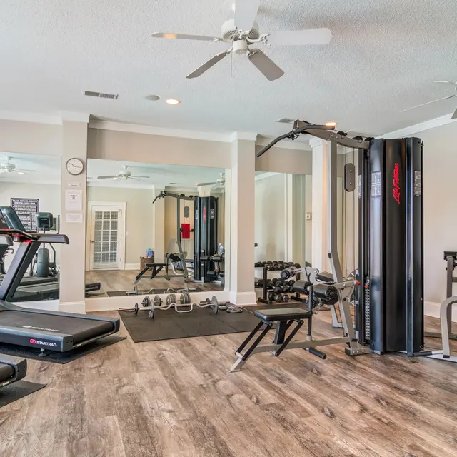 A home gym space featuring a treadmill, weight lifting machine, free weights, and large mirrors with natural light coming through the windows.