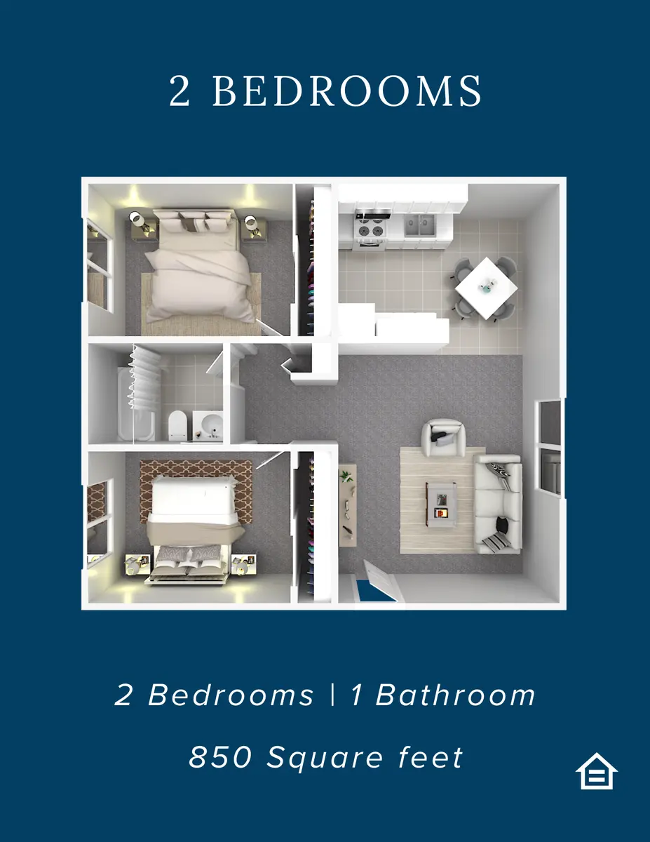 A floor plan showcasing a two-bedroom apartment layout with one bathroom and a total area of 850 square feet. The design illustrates the arrangement of rooms including a kitchen and living area.