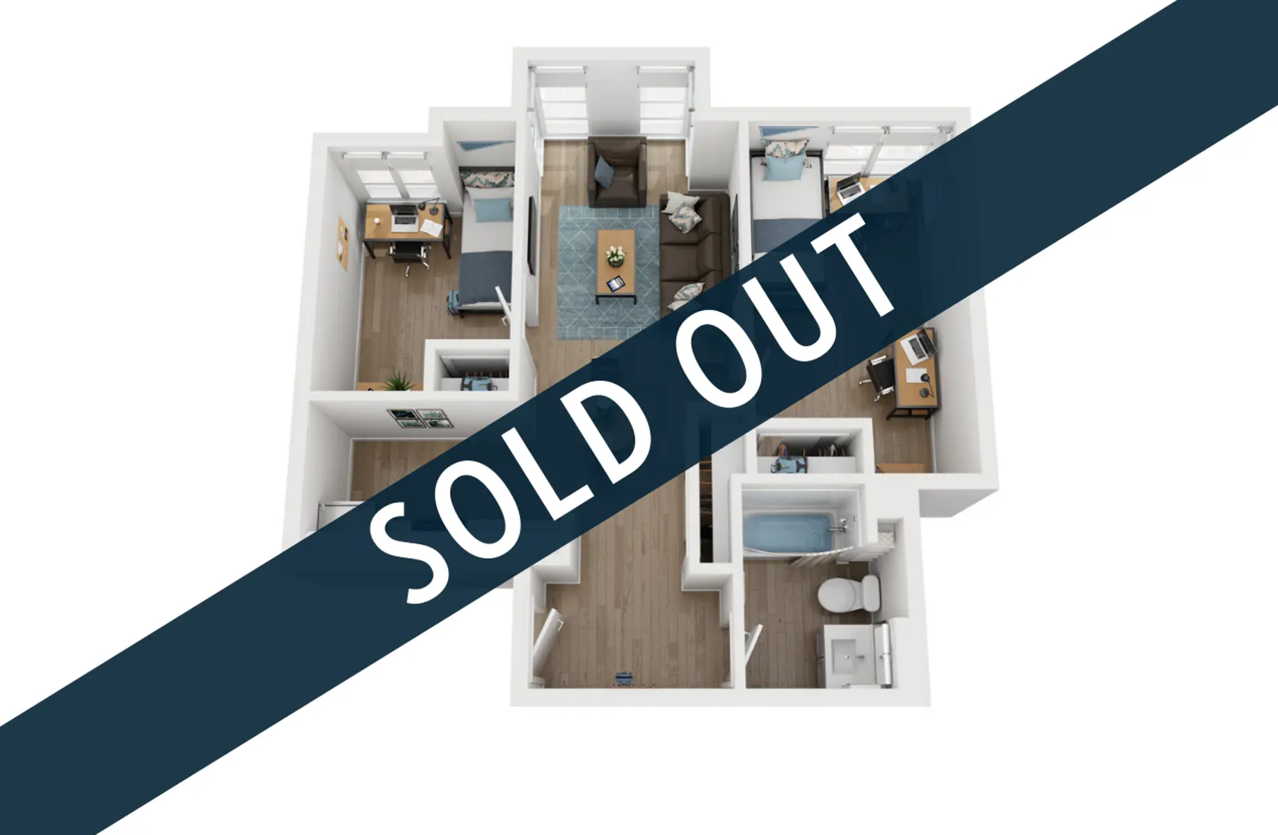 A 3D floor plan of an apartment with a large 'SOLD OUT' banner across it.