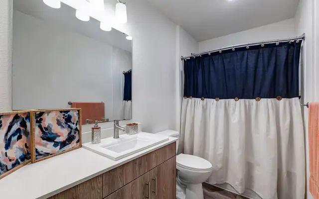 Modern Bathroom Design A modern bathroom featuring a sleek vanity with a white countertop, two sinks, and decorative items. The shower is covered with a navy blue curtain and white drape, complemented by wall lighting and a large mirror. The floor has a wood-like appearance, and there are decorative elements on the vanity.