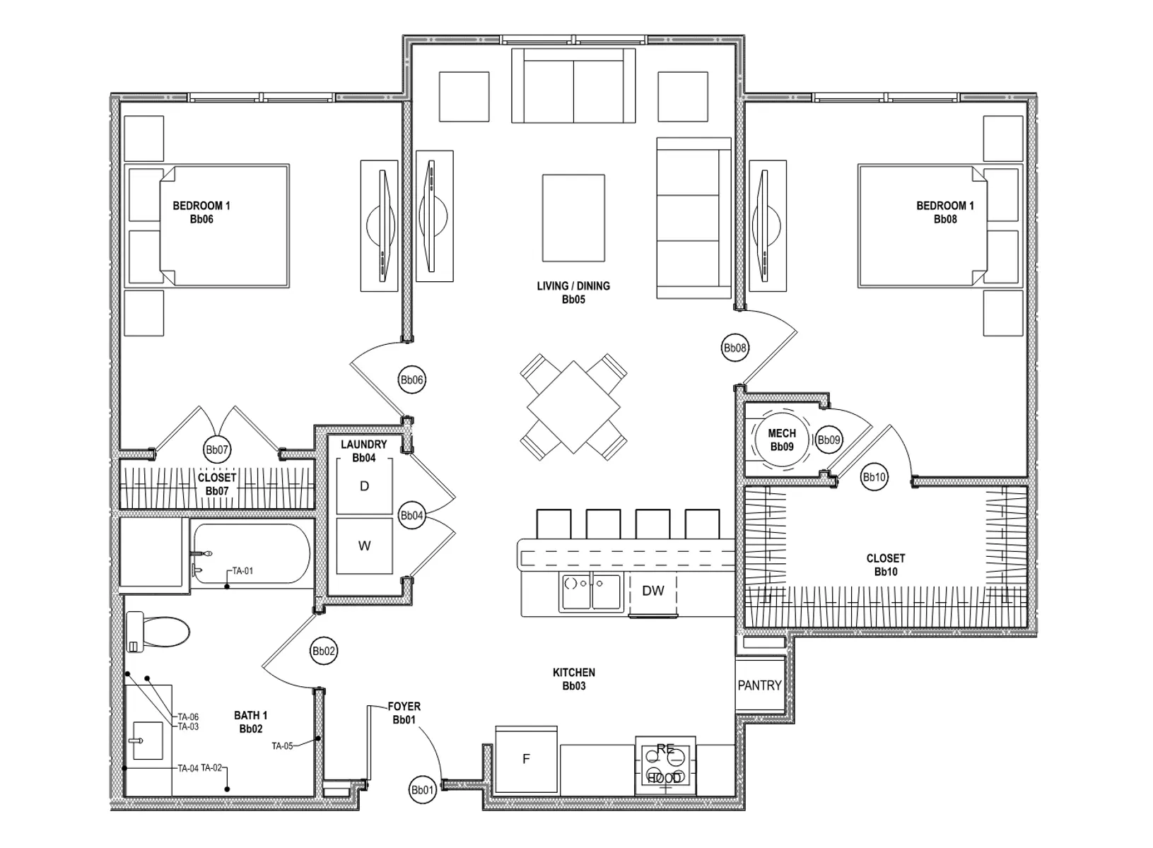 A detailed floor plan of a house featuring two bedrooms, a living/dining area, kitchen, laundry, and multiple closets and bathrooms.