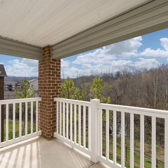 A balcony with white railings overlooking a wooded area and cloudy sky.