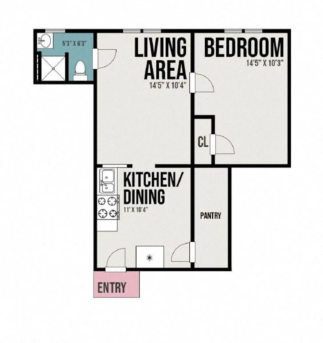 One-Bedroom Apartment Floor Plan A floor plan of a one-bedroom apartment featuring an entry, kitchen/dining area, living area, bedroom, and a bathroom.