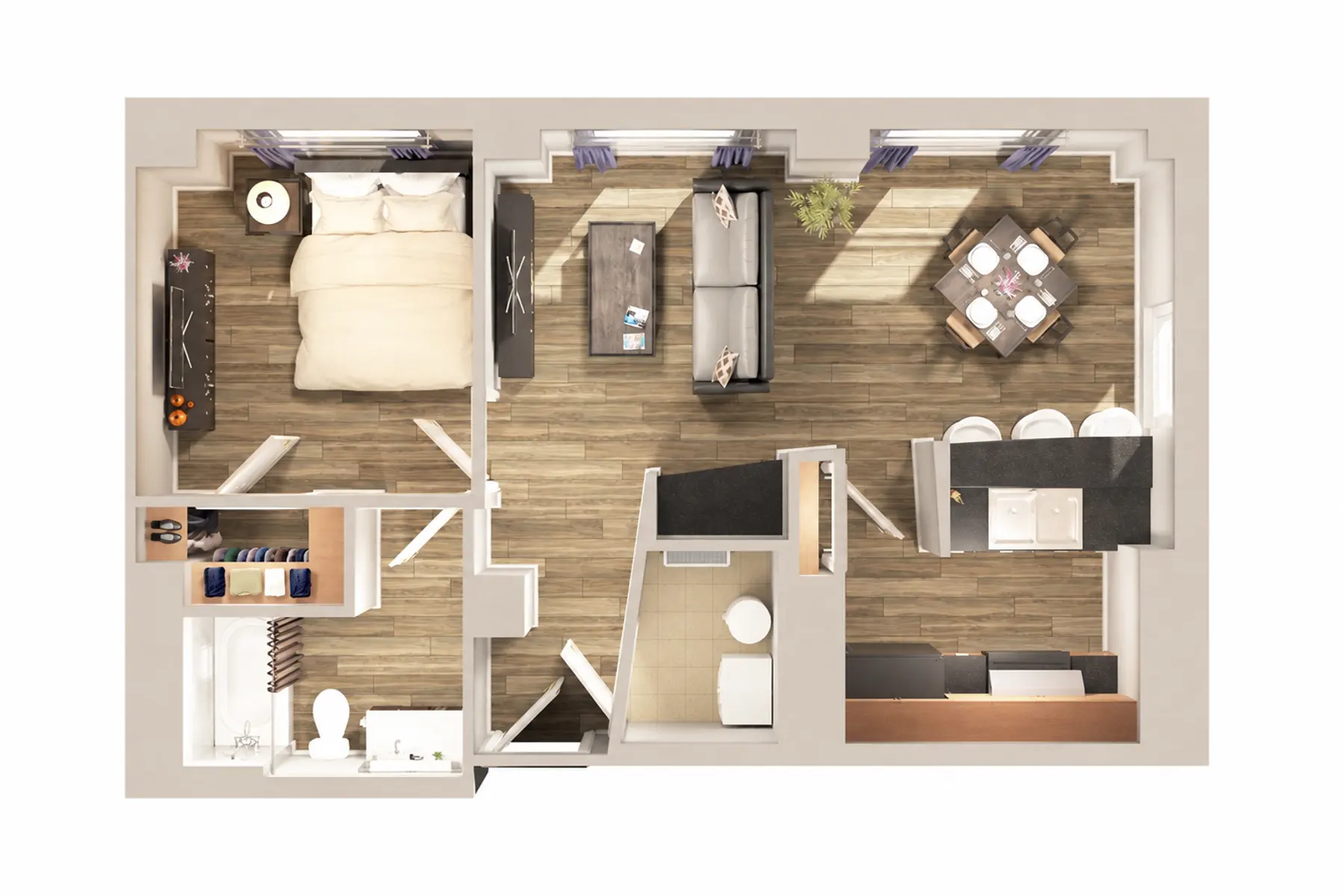 Two-Bedroom Apartment Floor Plan An architectural floor plan of a two-bedroom apartment showcasing the layout of living space, kitchen, and bathroom.