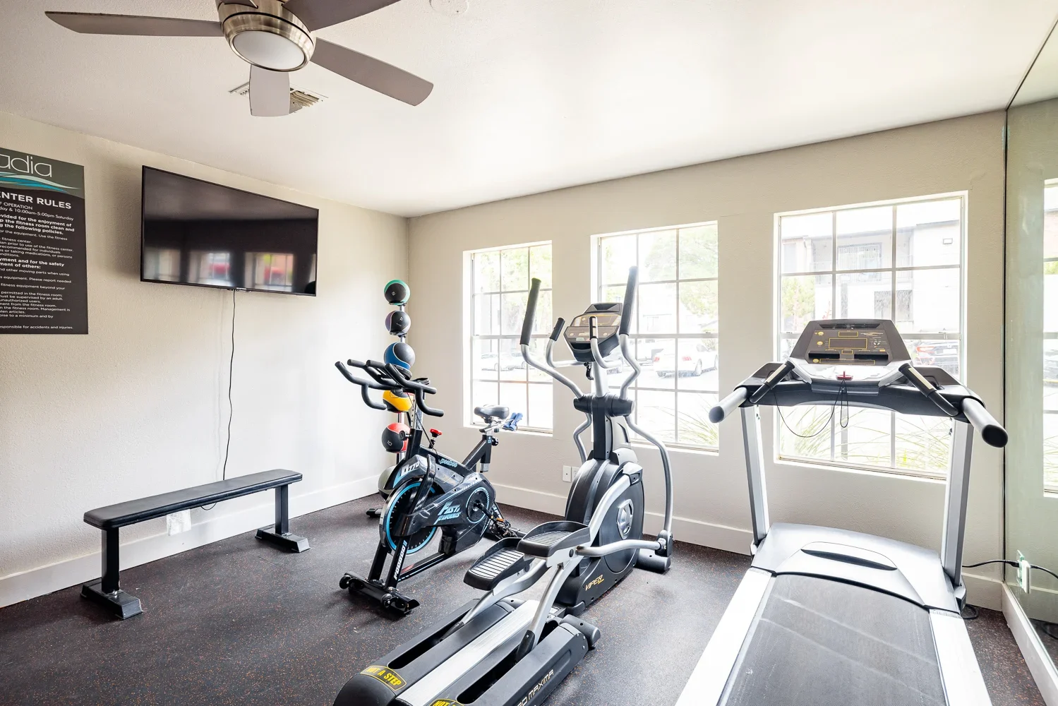 A well-lit gym space featuring an elliptical machine, a treadmill, a stationary bike, a bench, and a flat-screen TV on the wall. Large windows provide natural light, and a wall displays exercise equipment.