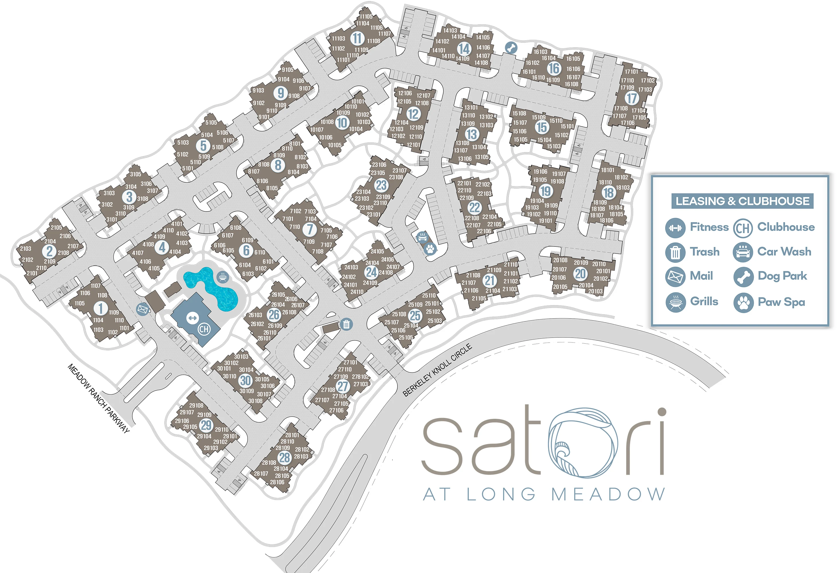 Map layout of Satori at Long Meadow showing various buildings, amenities, and roads.