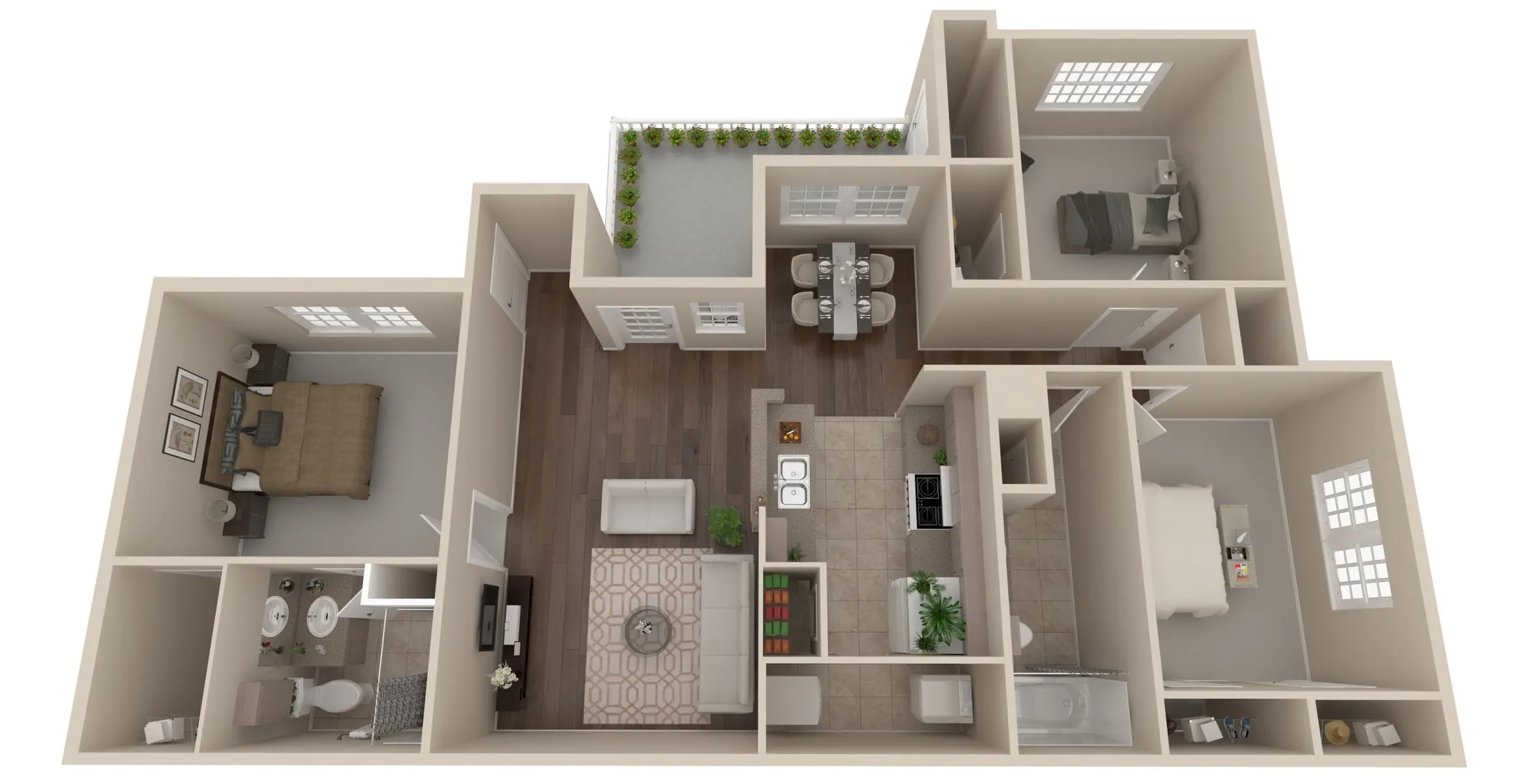 3D Apartment Floor Plan A 3D floor plan of an apartment featuring various rooms including a living area, kitchen, dining area, bathrooms, and bedrooms.