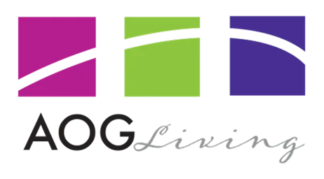 Logo of AOG Living featuring colorful squares and stylized text