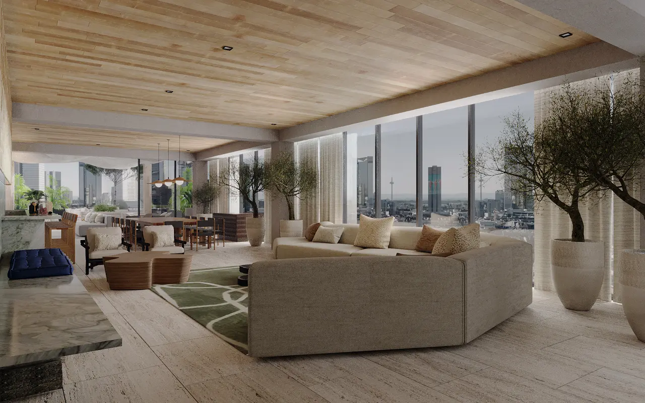 A spacious modern living room with large windows offering a city view, featuring a comfortable sofa, decorative plants, and a wooden ceiling.