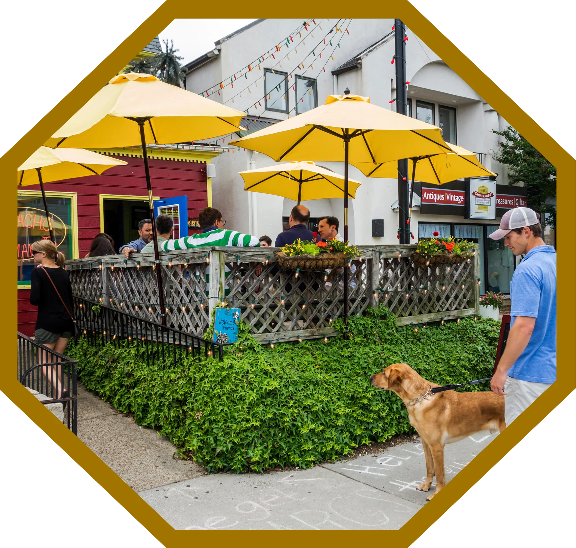 Outdoor dining area with yellow umbrellas and people at a restaurant, with a person walking a dog nearby.