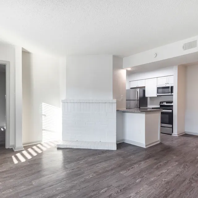 A spacious, well-lit modern apartment interior featuring an open layout with a kitchen area, hardwood floors, and a doorway leading to another room.