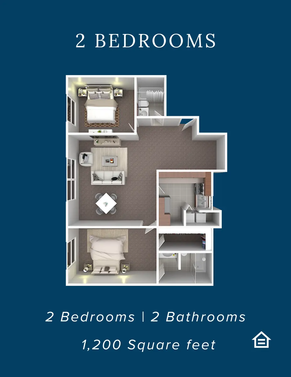 Floor plan layout of a two-bedroom apartment featuring two bathrooms and measuring 1,200 square feet.