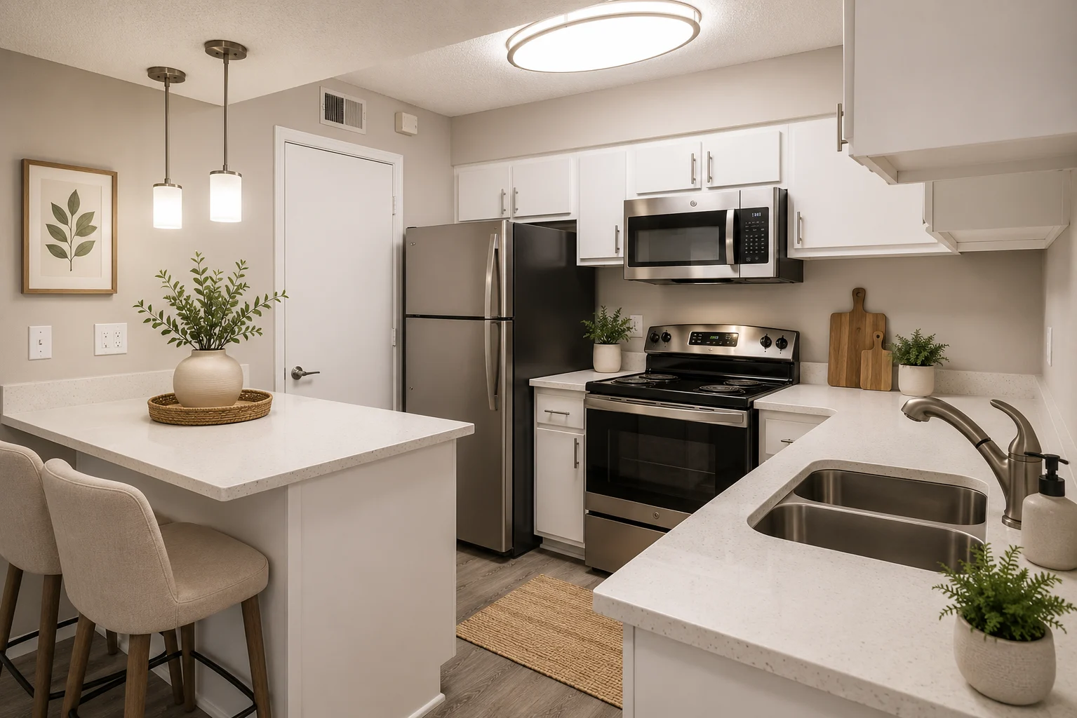 Stylish Modern Kitchen A modern kitchen featuring stainless steel appliances, white cabinetry, and a small dining area with bar stools.