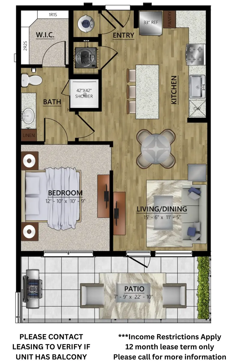 One-Bedroom Apartment Floor Plan A detailed floor plan layout showing a one-bedroom apartment with an entry, kitchen, living/dining area, bathroom, and a patio. The bedroom includes a walk-in closet.