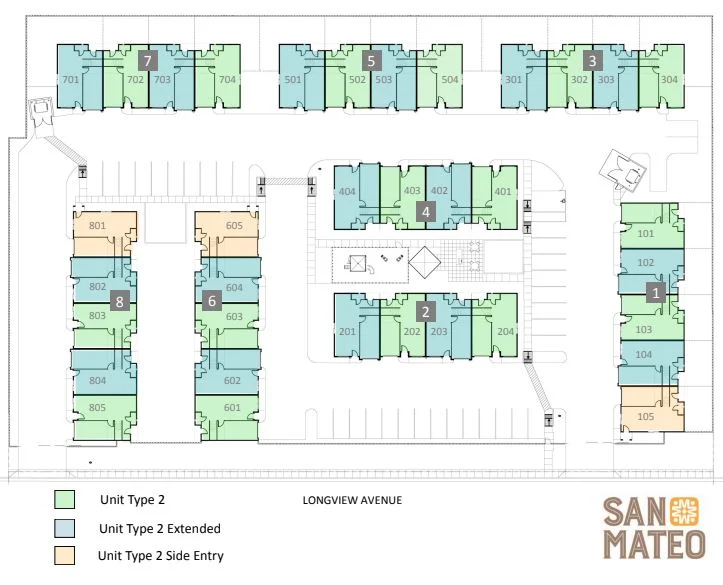 A detailed site map of the San Mateo residential development, showing various unit types and their respective layouts connected by pathways and parking areas.
