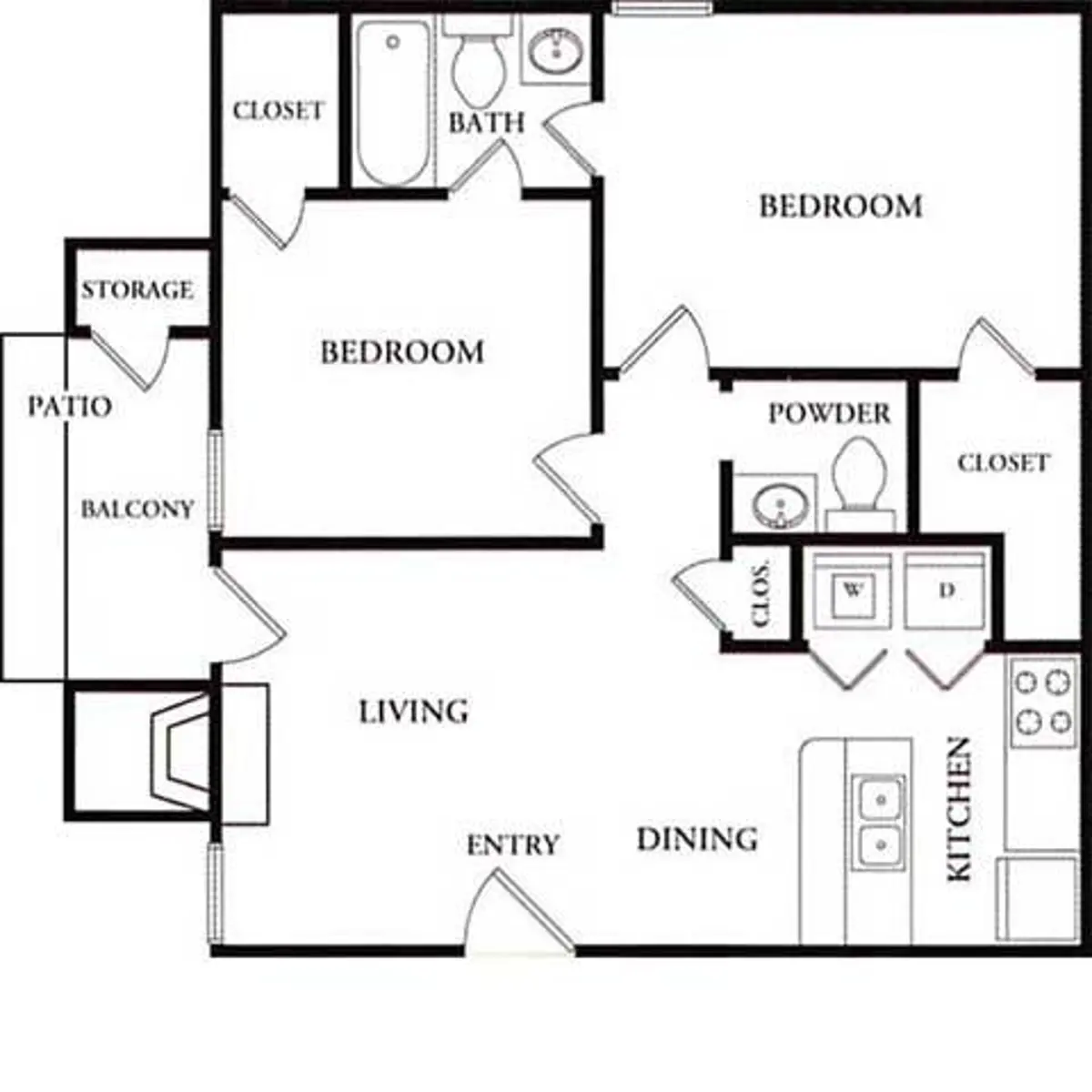 A detailed floor plan of an apartment layout showing various rooms and spaces including bedrooms, a living area, kitchen, dining room, and bathrooms.