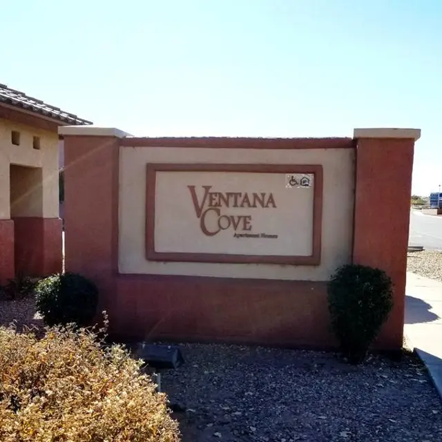 Ventana Cove Apartments Sign Sign for Ventana Cove Apartments with decorative border and landscaping in front.