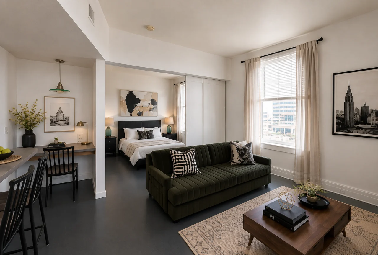 A modern apartment interior featuring a cozy living area with a green sofa, a wooden coffee table, and a workspace. The space has a bedroom area visible with a bed and artwork. Natural light pours in through a large window with sheer curtains.