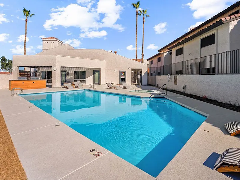 A clear blue swimming pool surrounded by lounge chairs, with a modern building in the background and palm trees nearby.